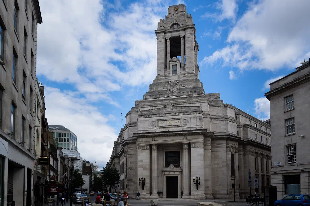Freemasons' Hall on Great Queen Street, London, under a blue sky